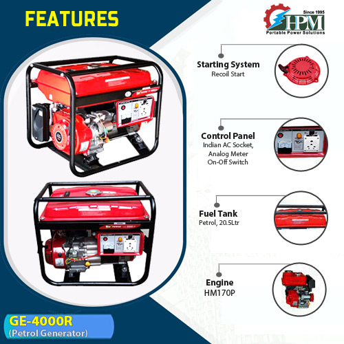3.5 KVA Portable very Light Weight & Powerful Generator, Petrol Run, Recoil Start Model GE-4000R 